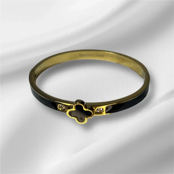 Gold-Plated 4 Leaf Flower Bracelet - Black Inlay - Image 2